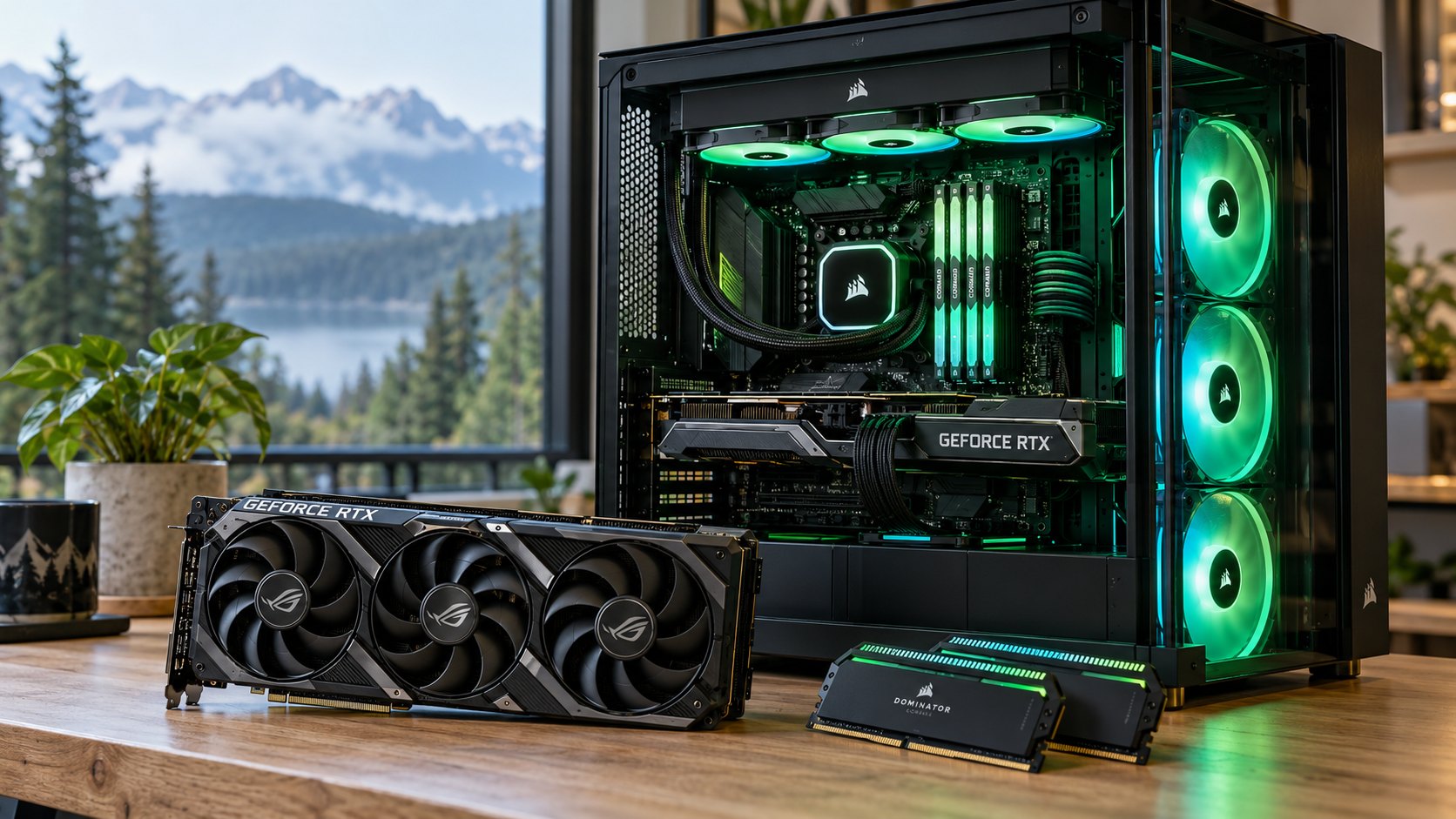 A high-end gaming PC with green RGB lighting, liquid cooling and DDR5 RAM, with a triple-fan graphics card and memory on a wooden workbench by a window looking out on mountains and evergreens